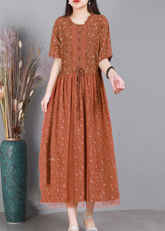 DIY Orange Tie Waist Embroideried Floral Tulle Dress Short Sleeve - Image 3