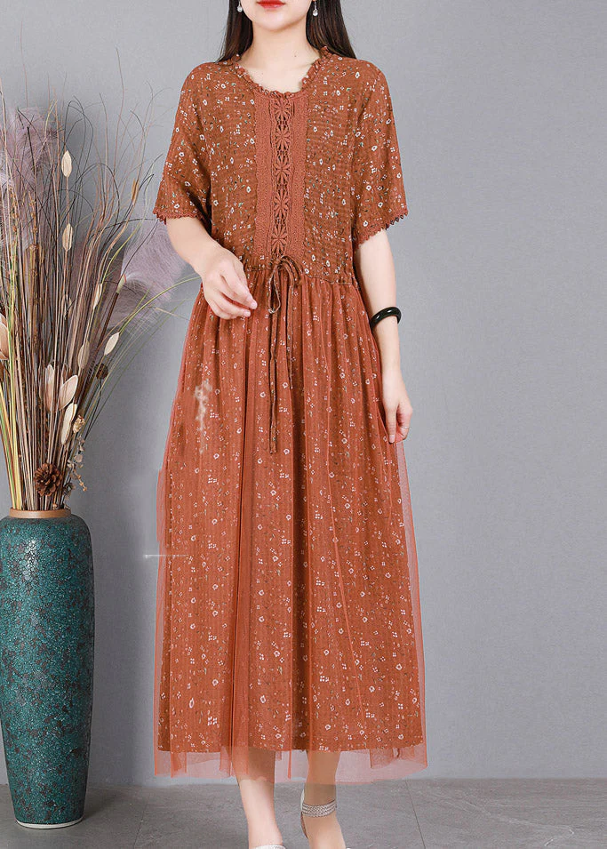 DIY Orange Tie Waist Embroideried Floral Tulle Dress Short Sleeve - Image 4