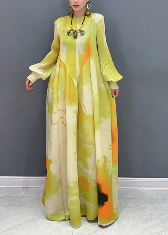 DIY Orange Turtleneck Print Patchwork Vacation Long Dresses Lantern Sleeve - Image 2