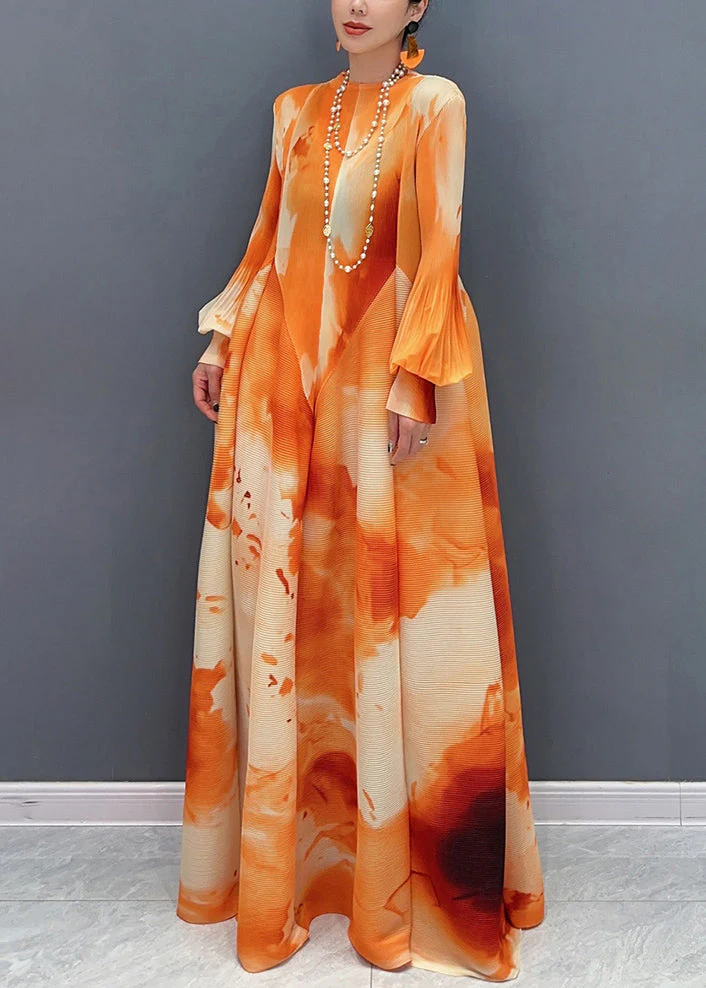DIY Orange Turtleneck Print Patchwork Vacation Long Dresses Lantern Sleeve - Image 3