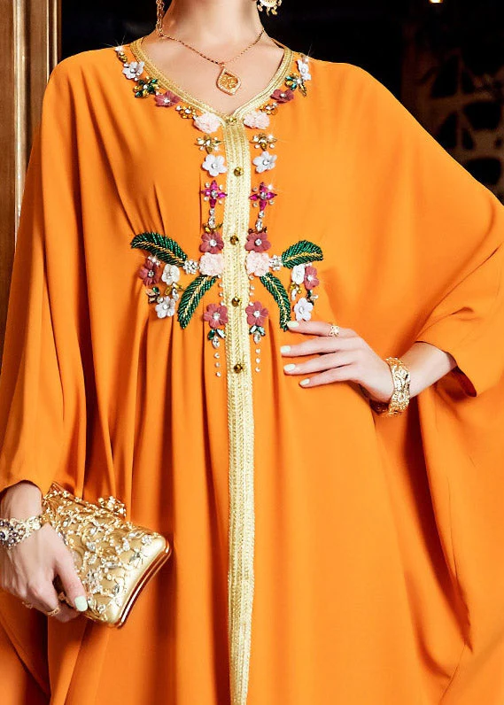 DIY Orange V Neck Embroideried Print Satin Long Dress Fall - Image 4
