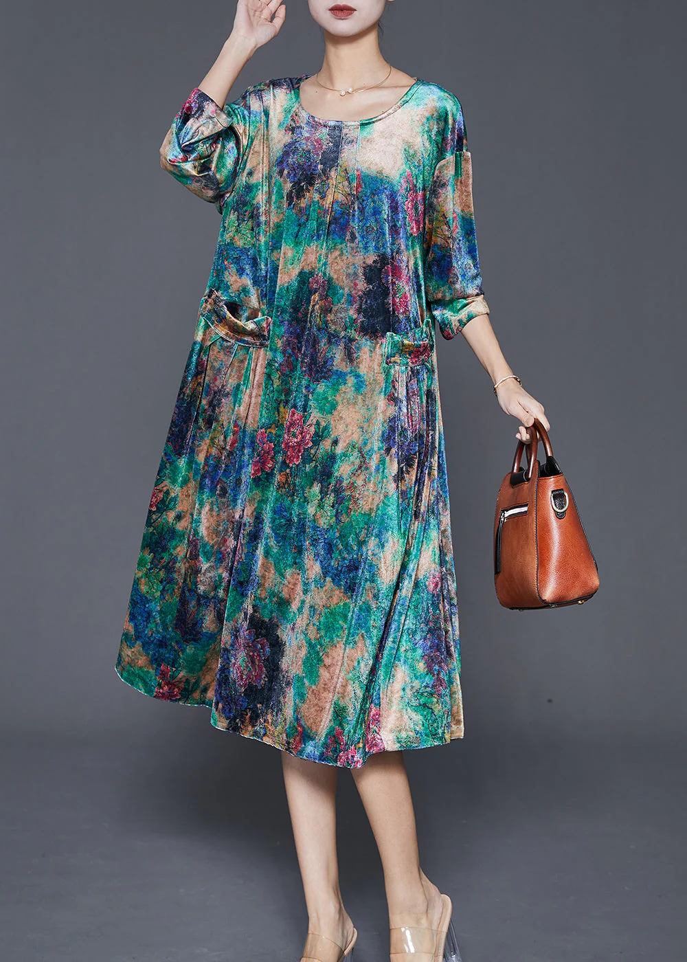 DIY Peacock Green Oversized Print Silk Velour Mid Dress Fall - Image 2
