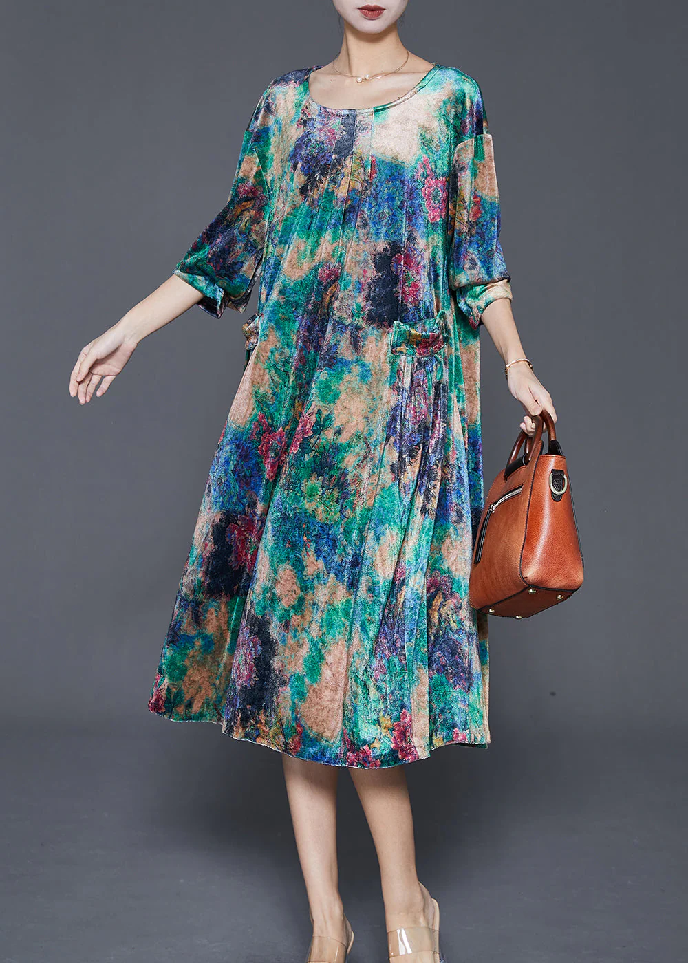 DIY Peacock Green Oversized Print Silk Velour Mid Dress Fall - Image 3