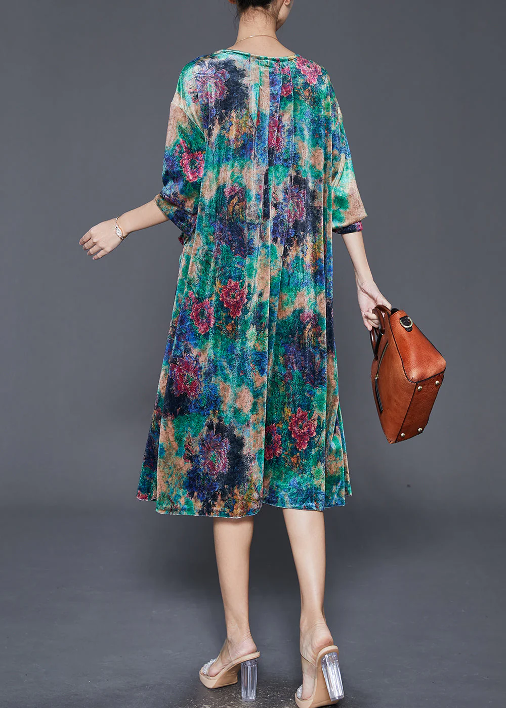 DIY Peacock Green Oversized Print Silk Velour Mid Dress Fall - Image 4