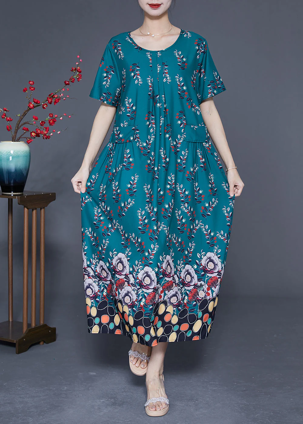 DIY Peacock Green Oversized Print Wrinkled Silk Maxi Dress Summer - Image 2