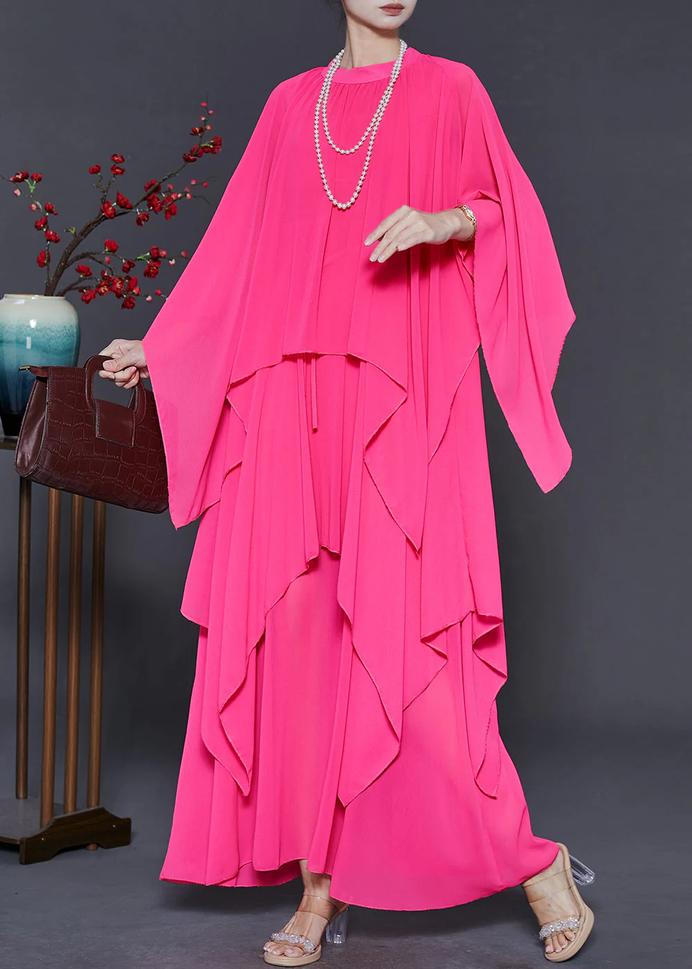 DIY Pink Asymmetrical Design Chiffon Maxi Dresses Summer - Image 2