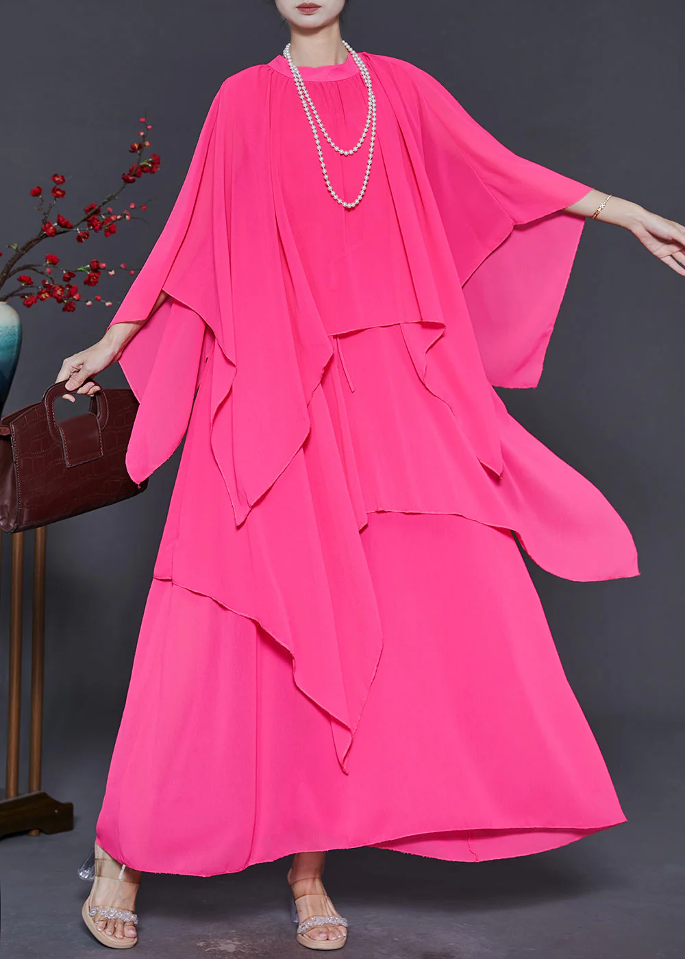 DIY Pink Asymmetrical Design Chiffon Maxi Dresses Summer - Image 3