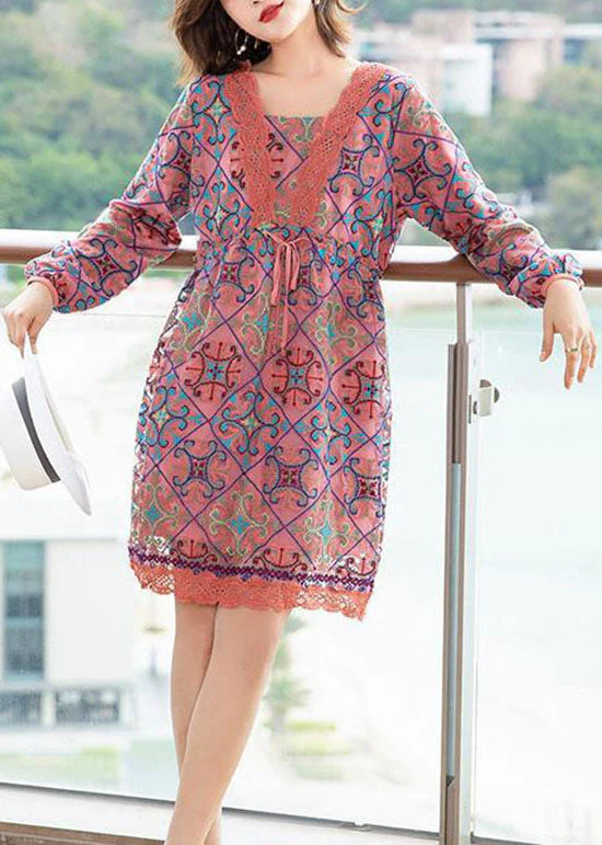 Diy Pink Lace Cinched Patchwork Print Chiffon A line Dress Spring - Image 2