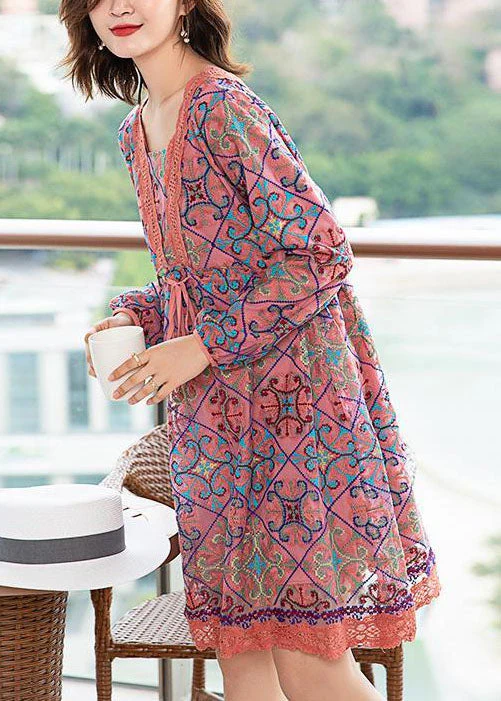 Diy Pink Lace Cinched Patchwork Print Chiffon A line Dress Spring - Image 3
