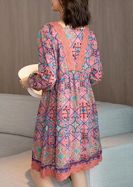 Diy Pink Lace Cinched Patchwork Print Chiffon A line Dress Spring - Image 4