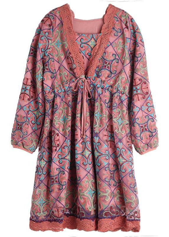 Diy Pink Lace Cinched Patchwork Print Chiffon A line Dress Spring - Image 5