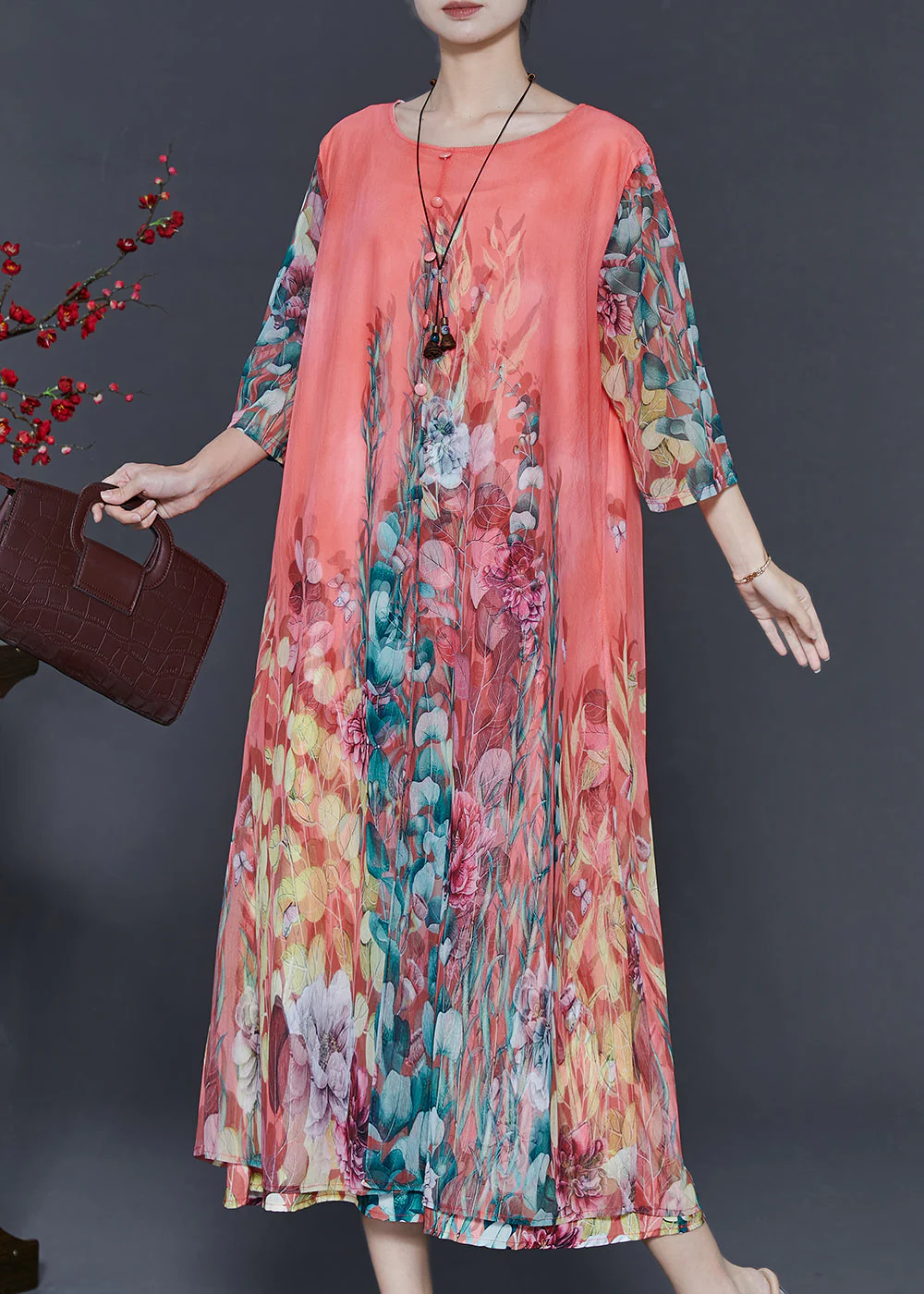 DIY Pink Oversized Print Chiffon Long Dress Bracelet Sleeve - Image 3