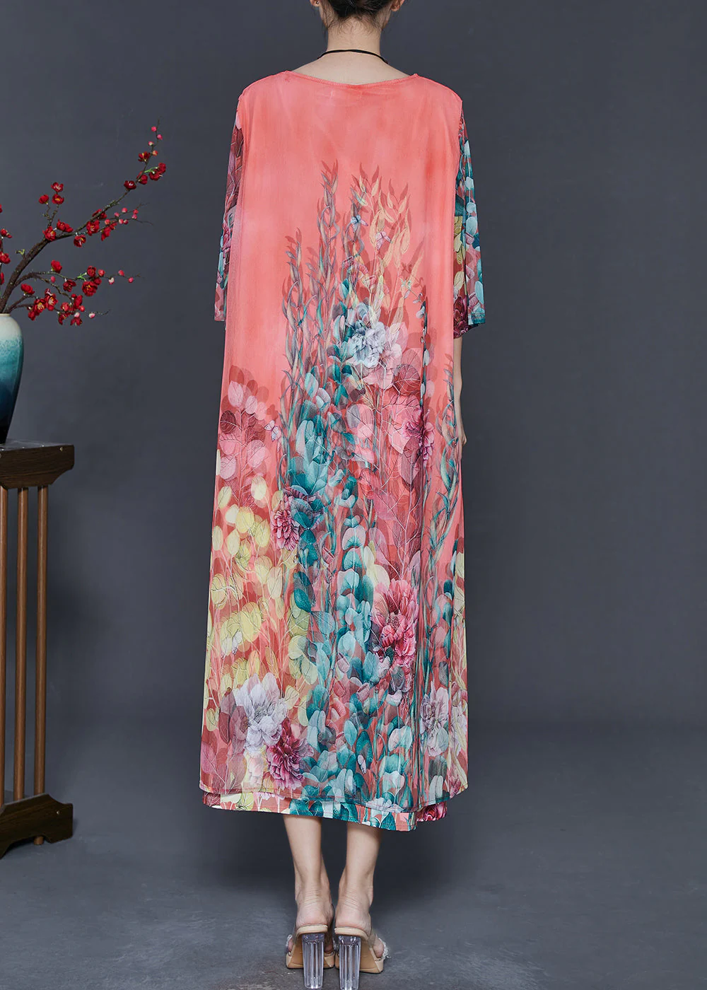 DIY Pink Oversized Print Chiffon Long Dress Bracelet Sleeve - Image 4