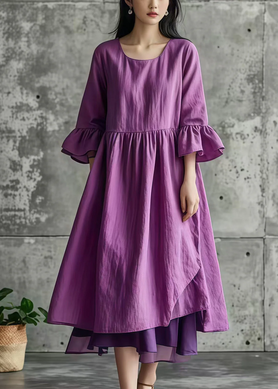 DIY Purple Asymmetrical Patchwork Cotton Long Dress Summer - Image 5
