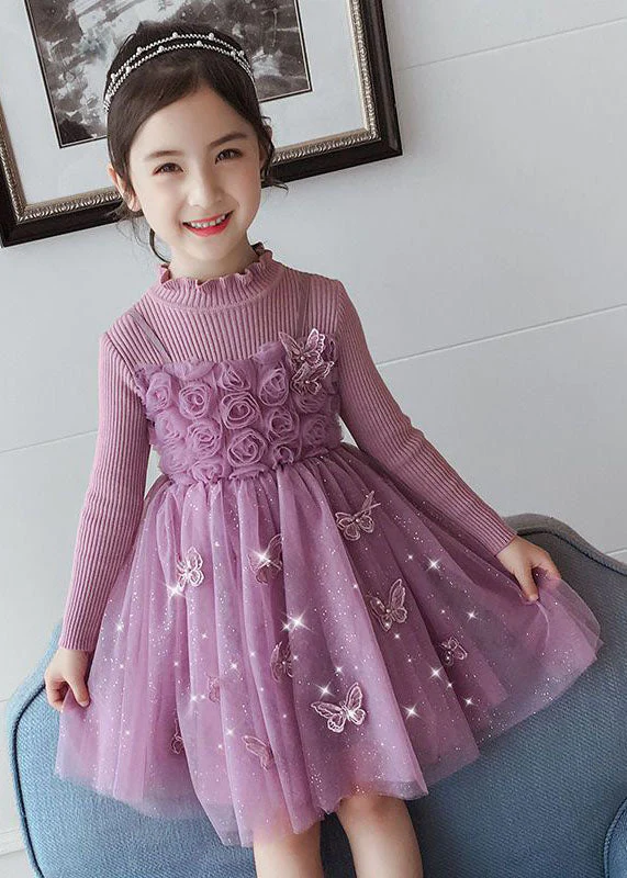 DIY Purple Butterfly Embroideried Floral Patchwork Tulle Girls Long Dresses Fall - Image 2