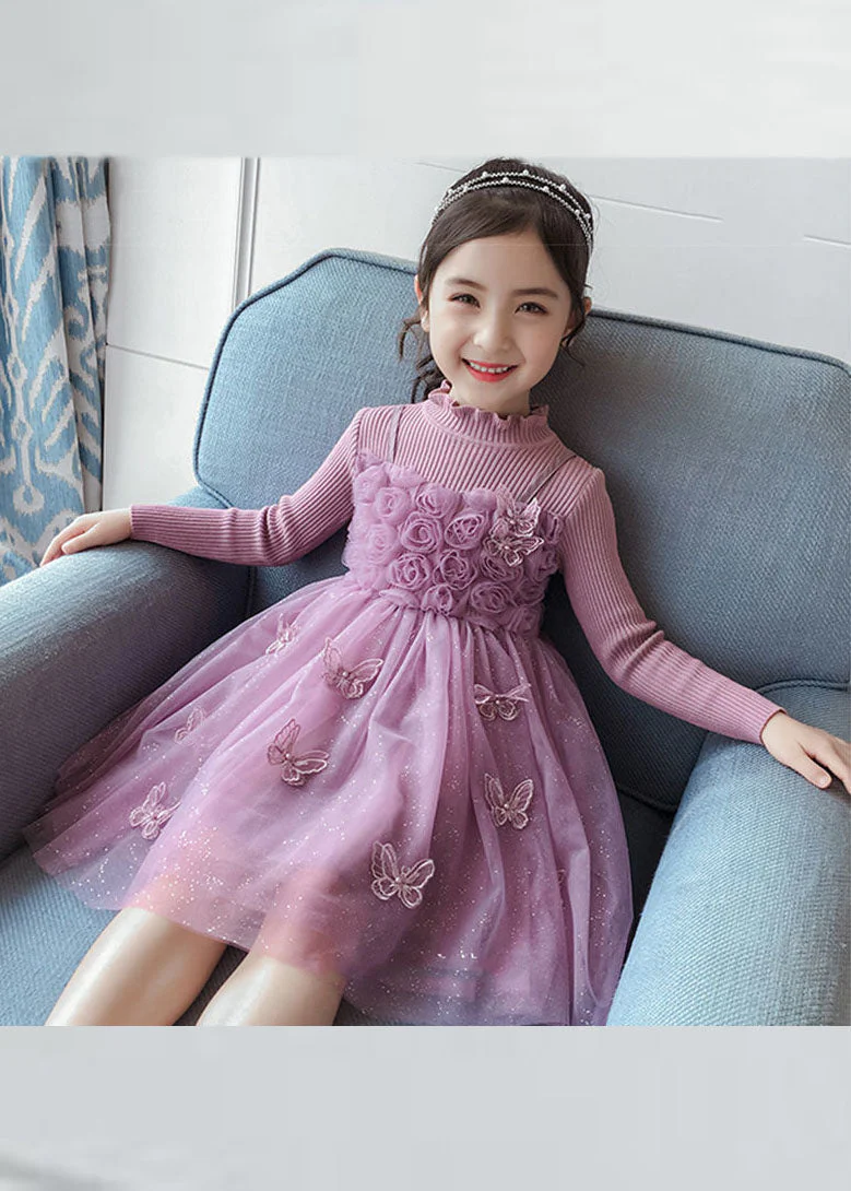DIY Purple Butterfly Embroideried Floral Patchwork Tulle Girls Long Dresses Fall - Image 3