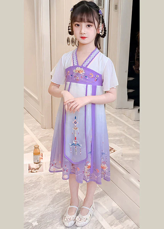 DIY Purple Embroideried Tassel Tulle Girls Long Dresses Summer - Image 2