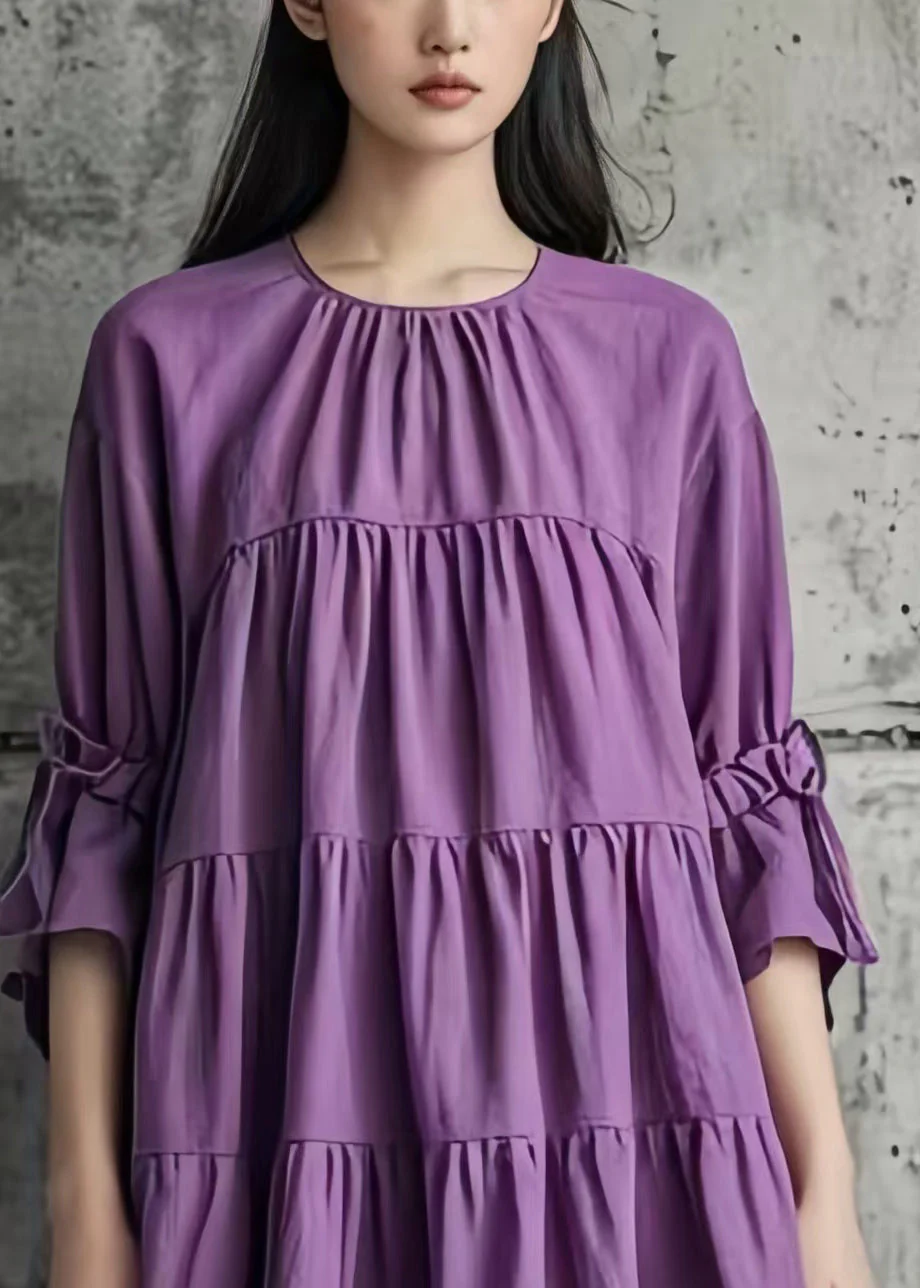 DIY Purple Oversized Wrinkled Cotton Tea Dress Summer - Image 2