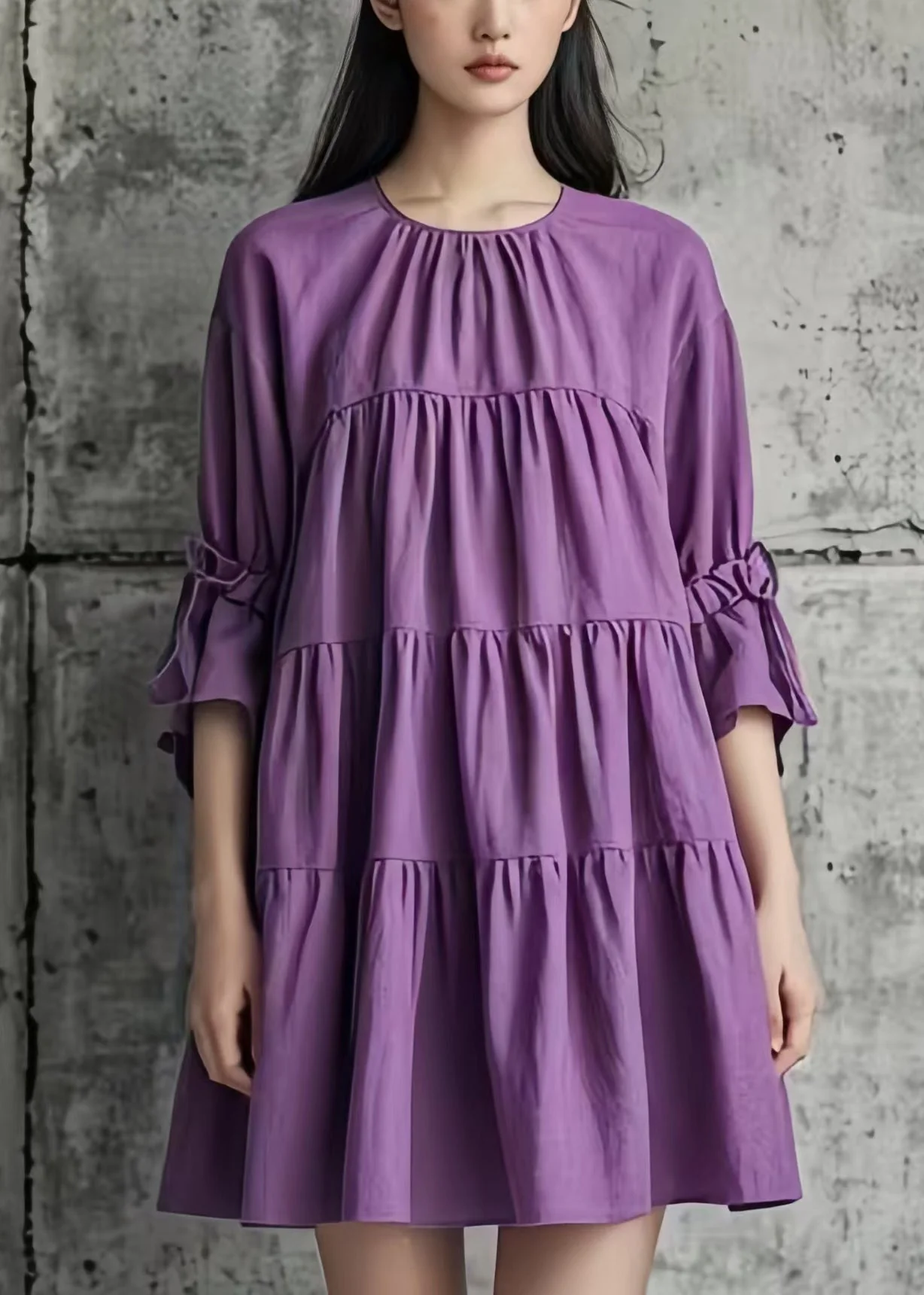 DIY Purple Oversized Wrinkled Cotton Tea Dress Summer - Image 3