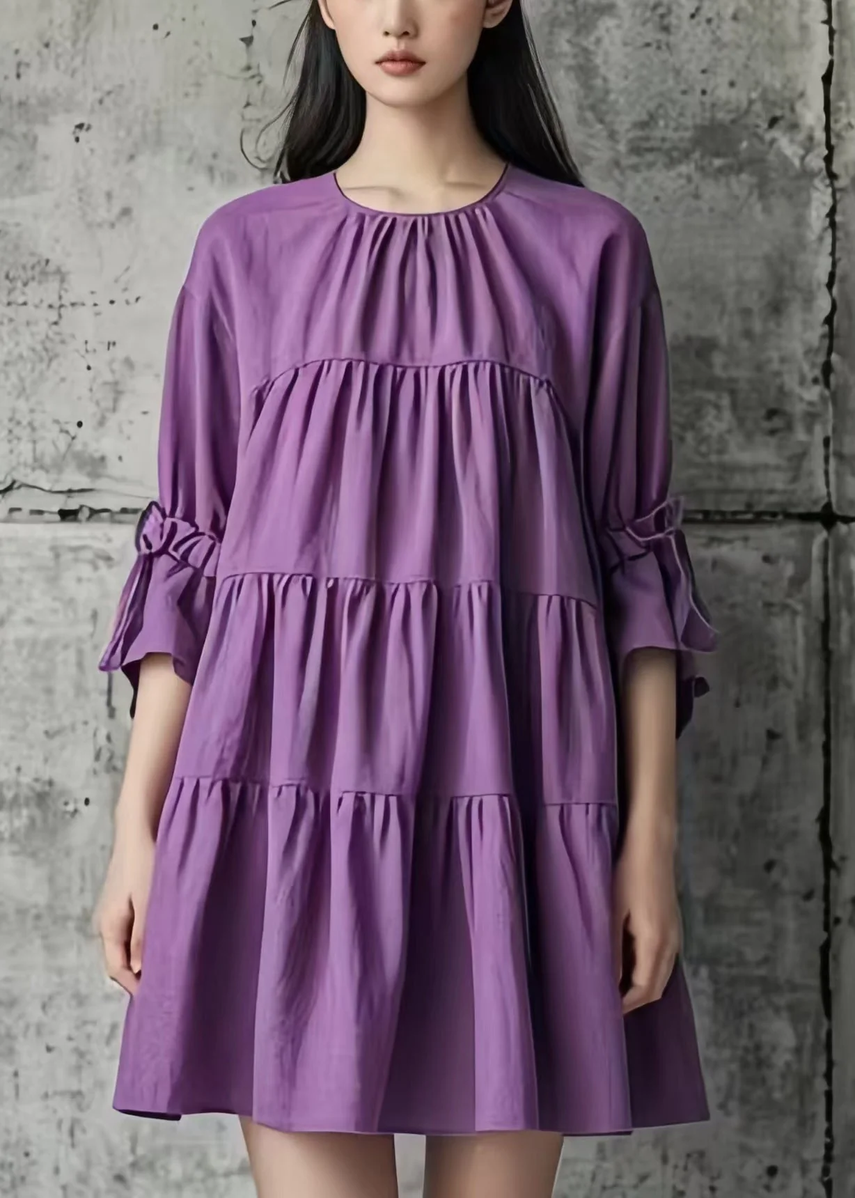 DIY Purple Oversized Wrinkled Cotton Tea Dress Summer - Image 5