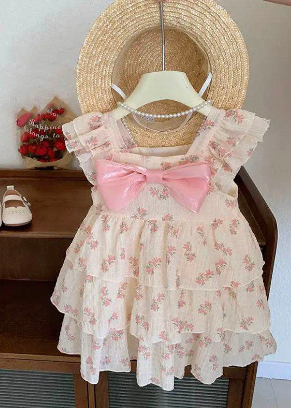 DIY Purple Print Bow Wrinkled Patchwork Cotton Kids Girls Dress Summer - Image 3