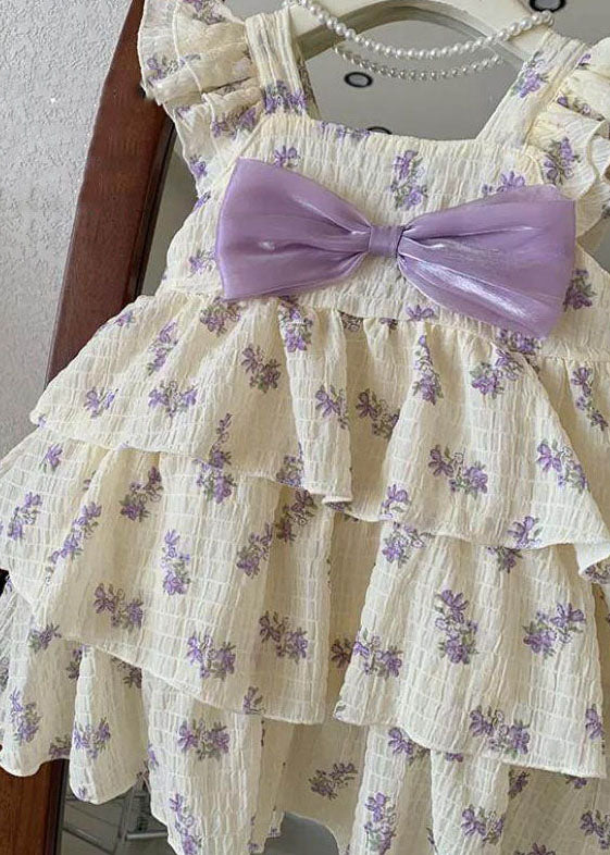DIY Purple Print Bow Wrinkled Patchwork Cotton Kids Girls Dress Summer - Image 4