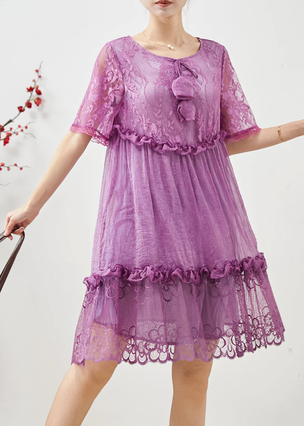 Diy Purple Ruffled Patchwork Lace Vacation Dress Summer - Image 3
