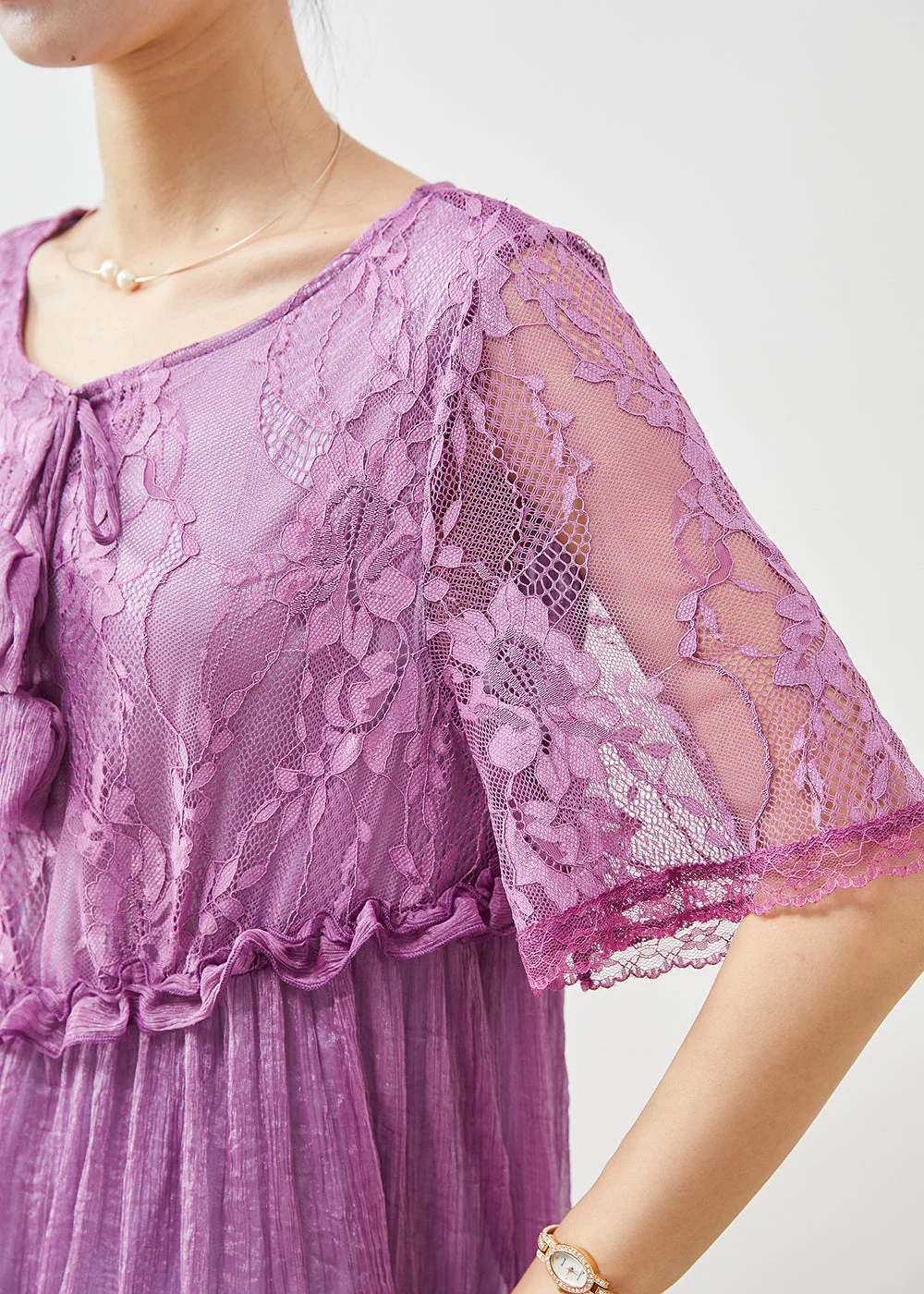 Diy Purple Ruffled Patchwork Lace Vacation Dress Summer - Image 5