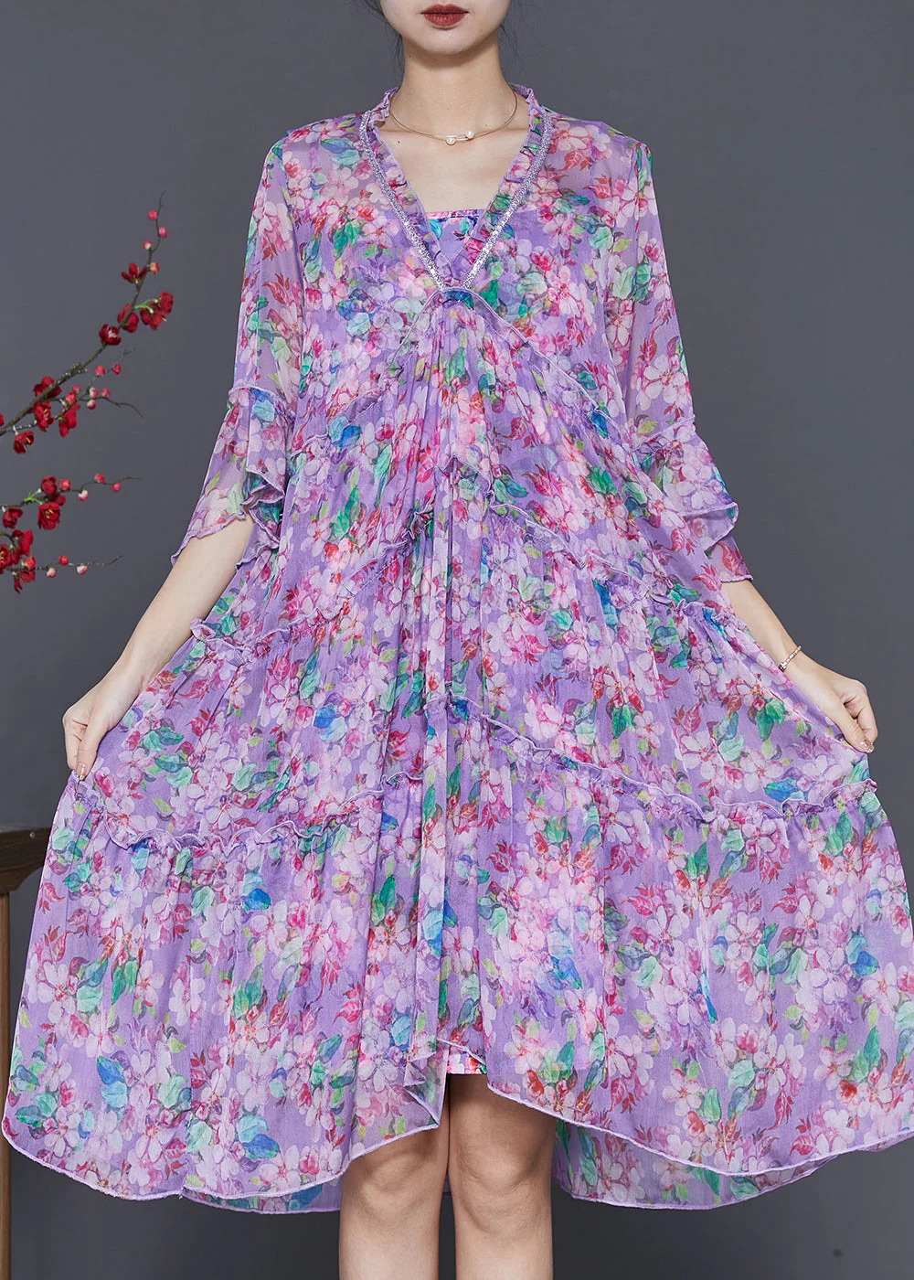 DIY Purple Ruffled Print Exra Large Hem Chiffon Dress Summer - Image 2