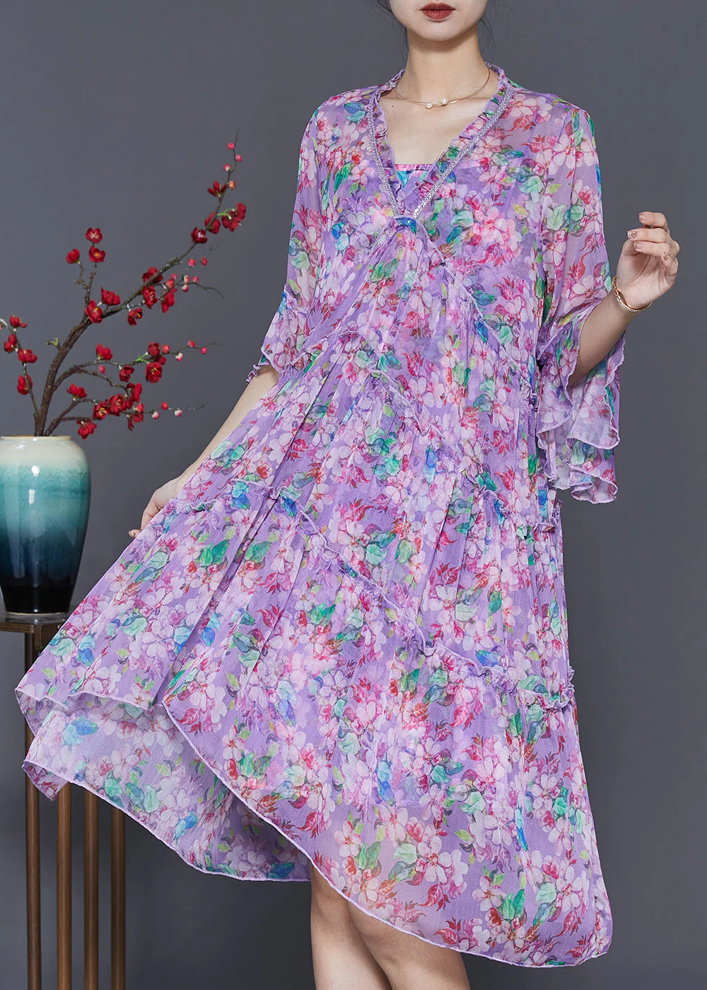 DIY Purple Ruffled Print Exra Large Hem Chiffon Dress Summer - Image 3