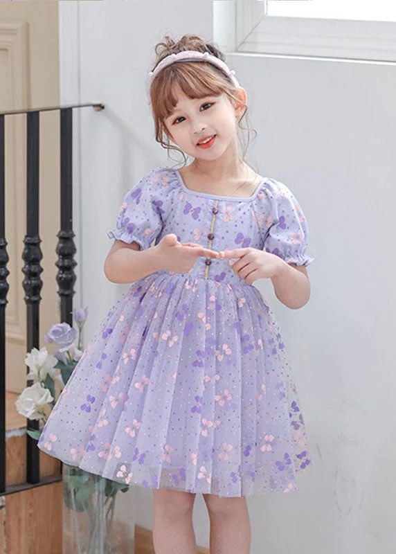 DIY Purple Square Collar Wrinkled Print Patchwork Tulle Baby Girls Dresses Summer - Image 2