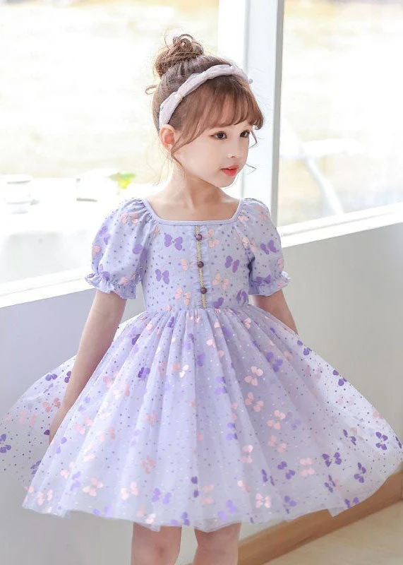 DIY Purple Square Collar Wrinkled Print Patchwork Tulle Baby Girls Dresses Summer - Image 3