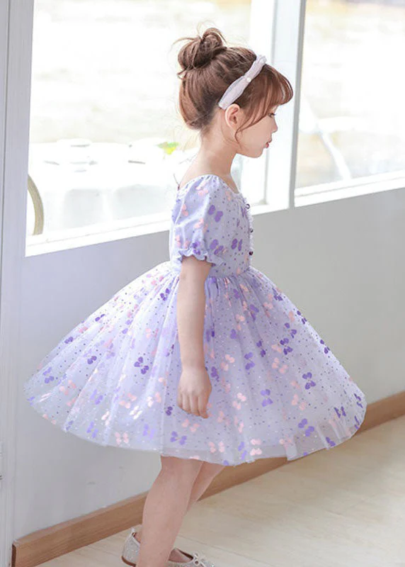 DIY Purple Square Collar Wrinkled Print Patchwork Tulle Baby Girls Dresses Summer - Image 4