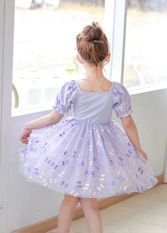 DIY Purple Square Collar Wrinkled Print Patchwork Tulle Baby Girls Dresses Summer - Image 5