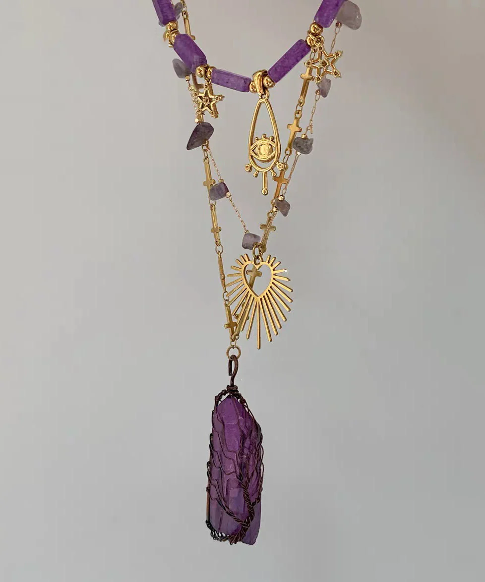 DIY Purple Stainless Steel Alloy Crystal Natural Stone chalcedony Love Pendant Necklace - Image 5