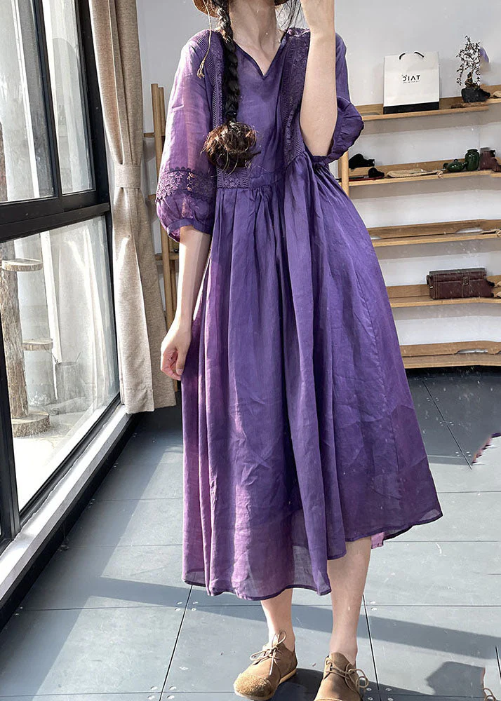 Diy Purple V Neck Cinched Lace Patchwork Exra Large Hem Cotton Dresses Lantern Sleeve - Image 3
