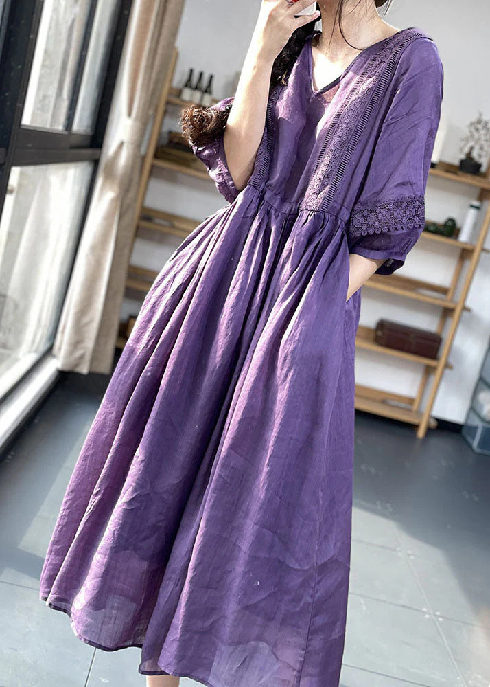 Diy Purple V Neck Cinched Lace Patchwork Exra Large Hem Cotton Dresses Lantern Sleeve - Image 4