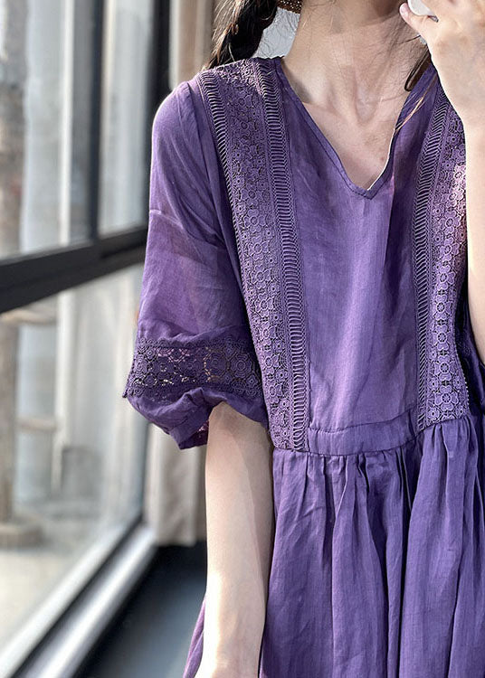 Diy Purple V Neck Cinched Lace Patchwork Exra Large Hem Cotton Dresses Lantern Sleeve - Image 5