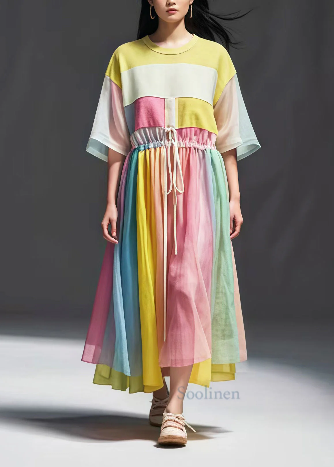 DIY Rainbow Cinched Patchwork Tulle Dress Summer - Image 2