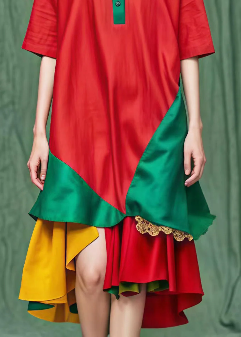 DIY Red Asymmetrical Patchwork Cotton Maxi Dresses Summer - Image 5