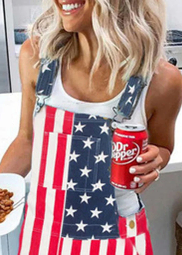 Diy Red Blue Pocket Striped Patchwork Independence Day Print Cotton Strap Dress Summer - Image 3