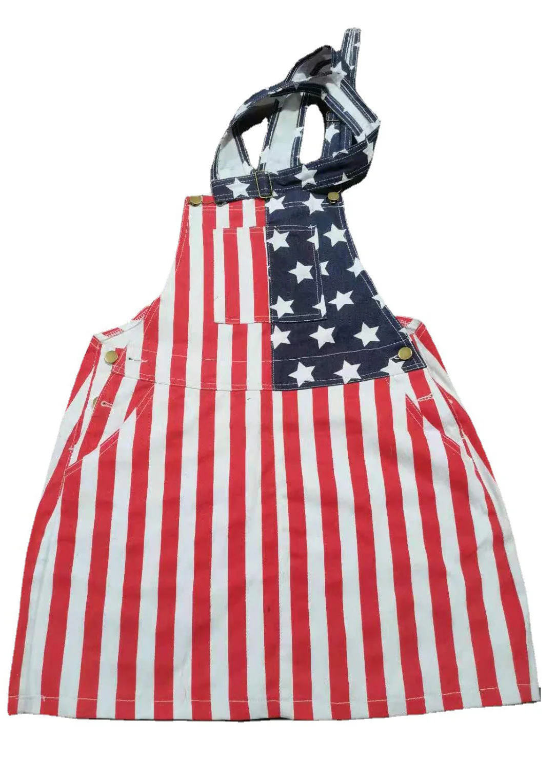 Diy Red Blue Pocket Striped Patchwork Independence Day Print Cotton Strap Dress Summer - Image 5