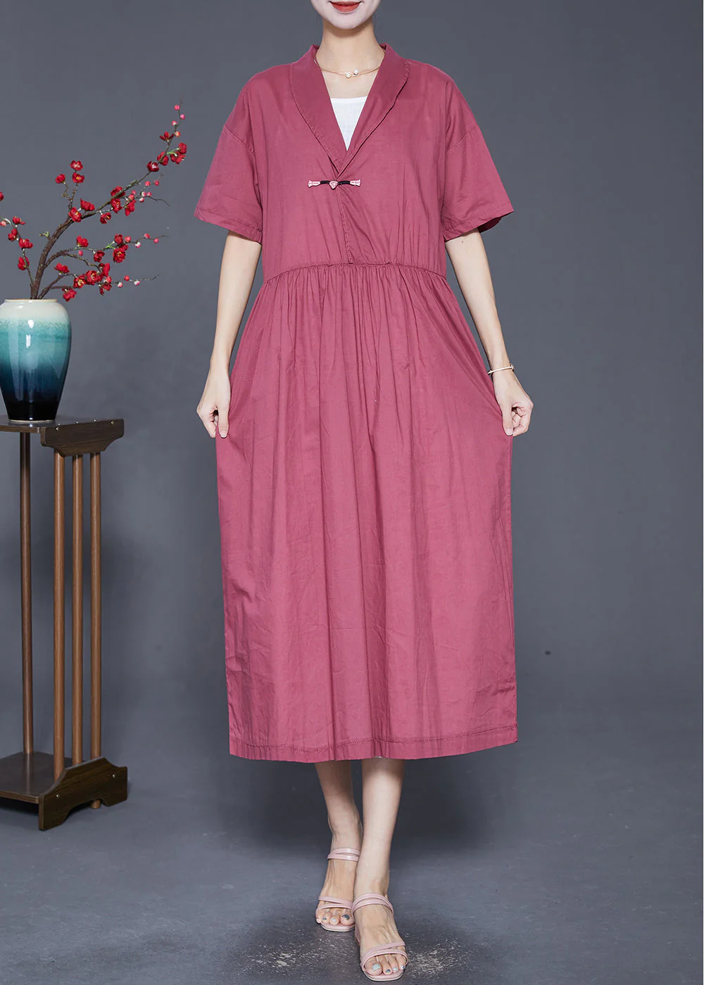 DIY Red Chinese Button Exra Large Hem Linen Maxi Dresses Summer - Image 2