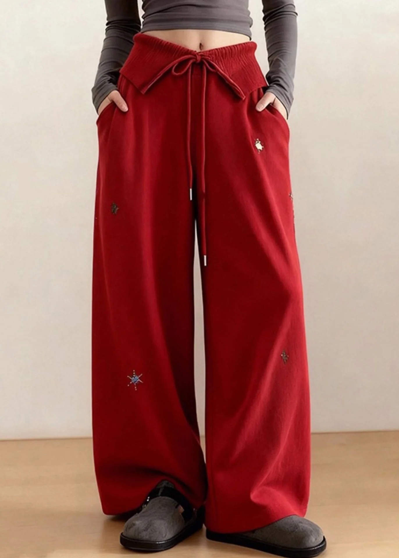 DIY Red Embroidered Tie Waist Cotton Straight Pants Spring - Image 2