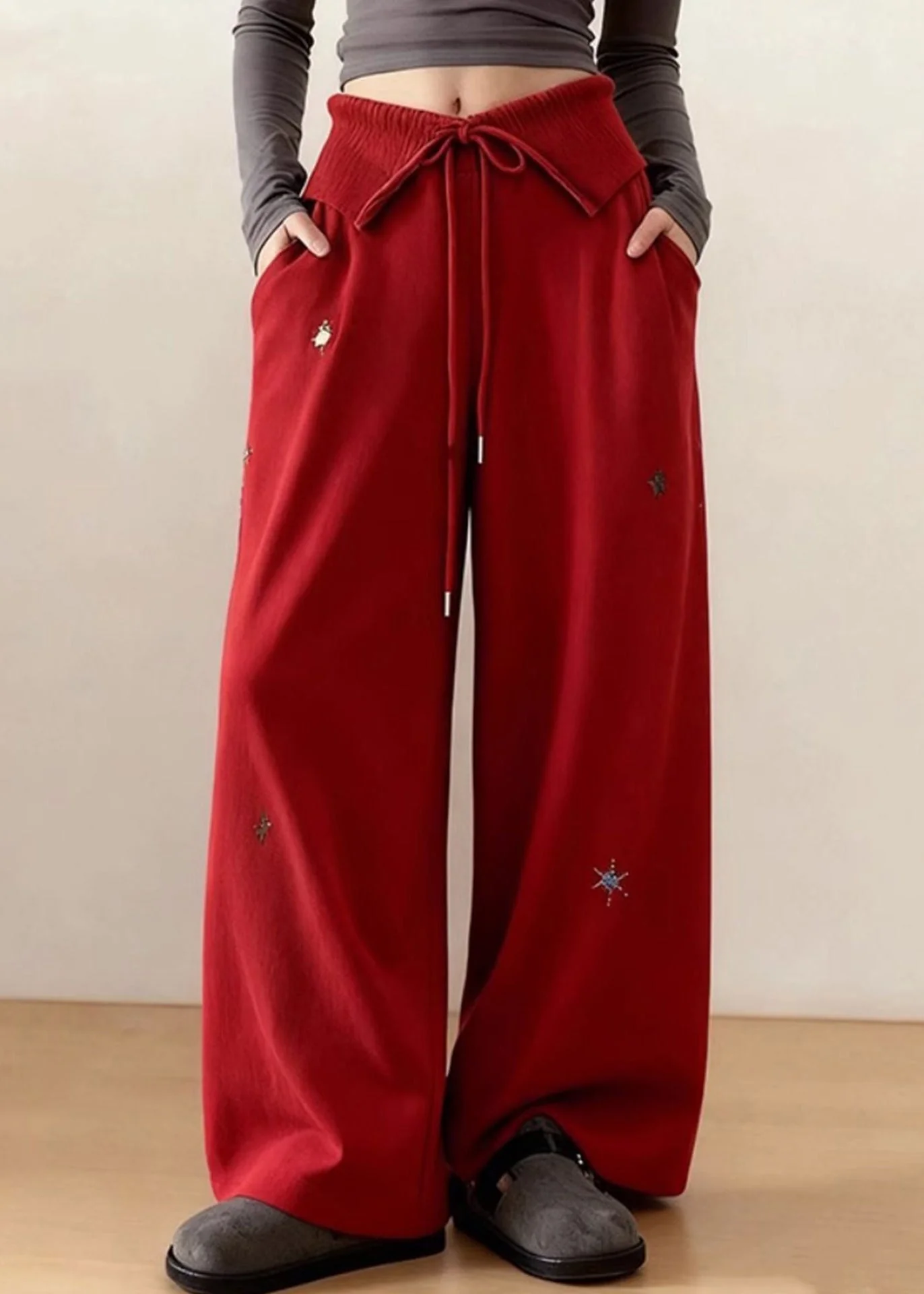 DIY Red Embroidered Tie Waist Cotton Straight Pants Spring - Image 3