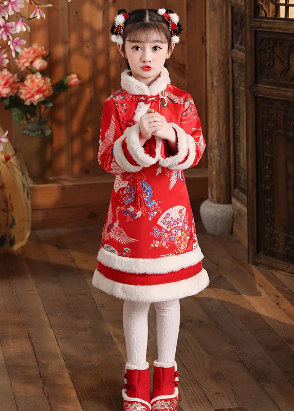 DIY Red Fuzzy Fur Fluffy Warm Girls Long Dress Long Sleeve