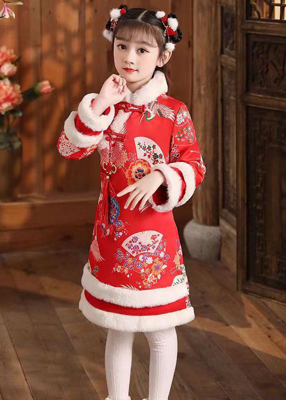 DIY Red Fuzzy Fur Fluffy Warm Girls Long Dress Long Sleeve - Image 3