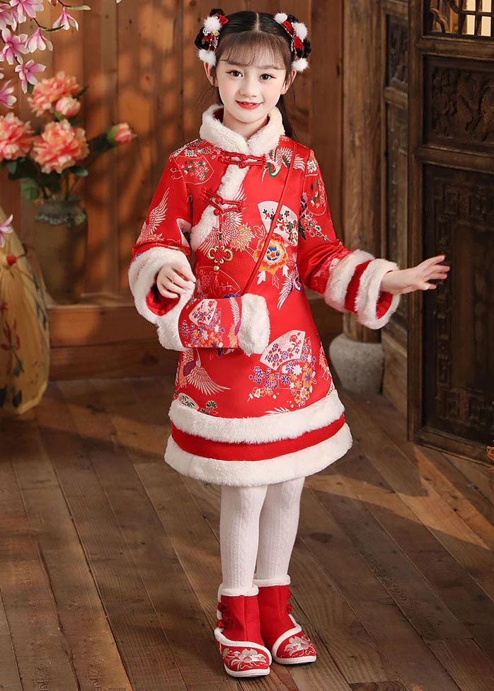 DIY Red Fuzzy Fur Fluffy Warm Girls Long Dress Long Sleeve - Image 4