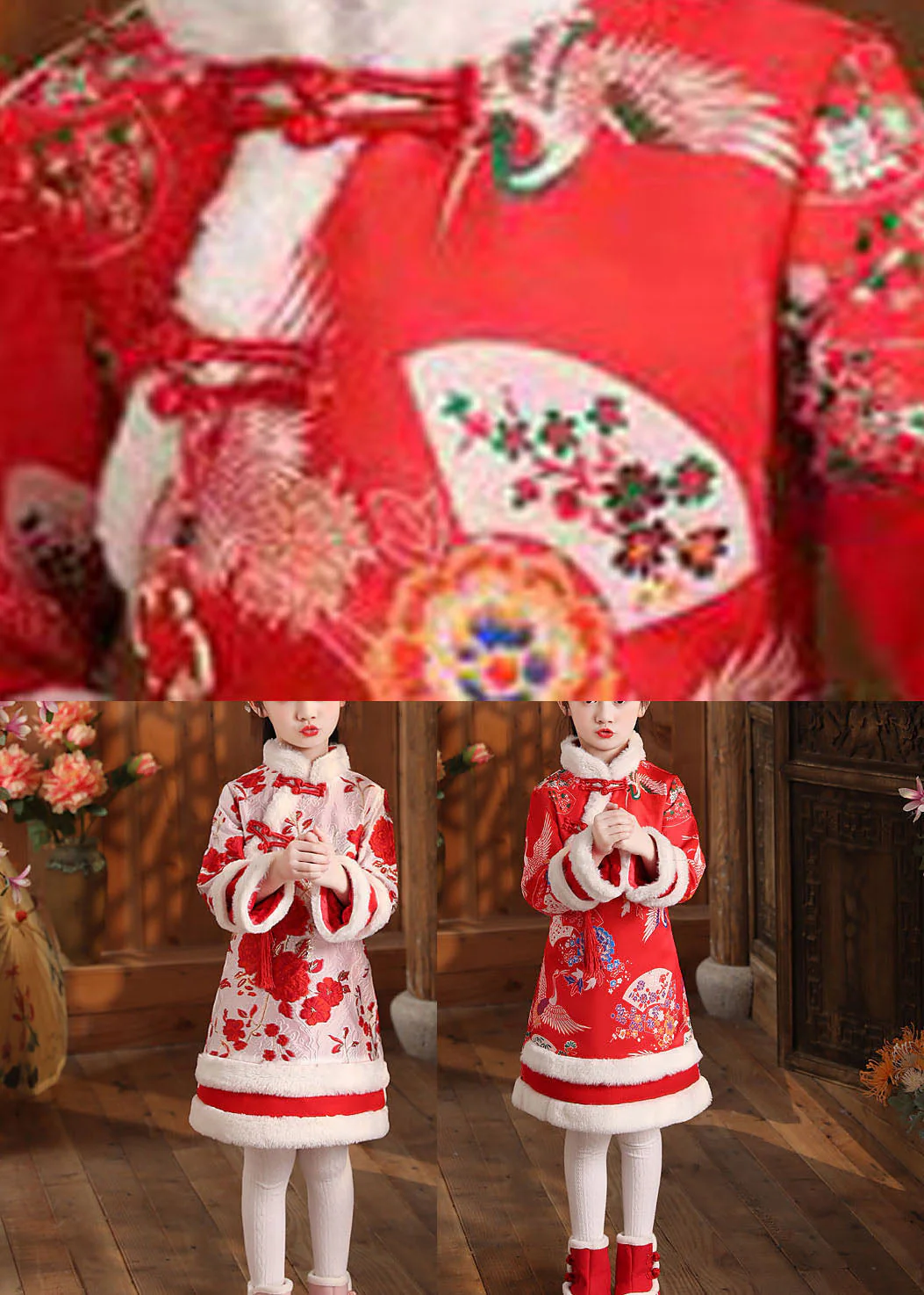 DIY Red Fuzzy Fur Fluffy Warm Girls Long Dress Long Sleeve - Image 5