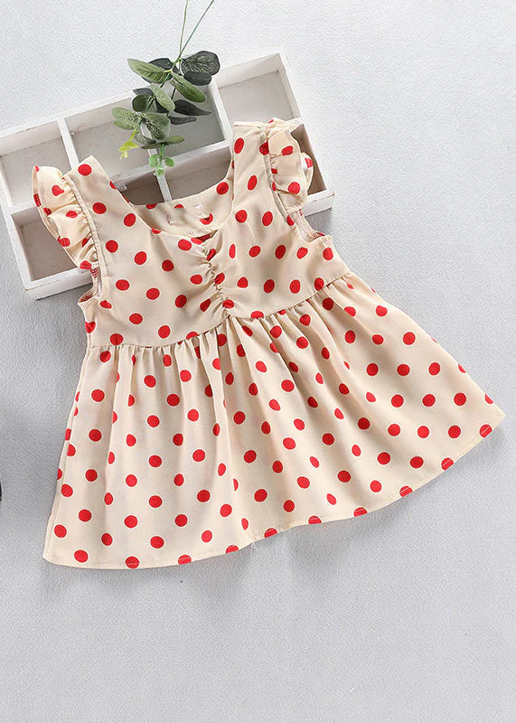 DIY Red O-Neck Dot Print Wrinkled Kids Mid Dress Sleeveless - Image 2